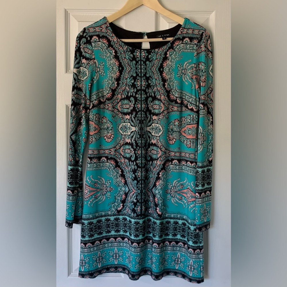 As U Wish Blue Sheath Dress with Long Sleeves. Turquoise and Black Paisley
